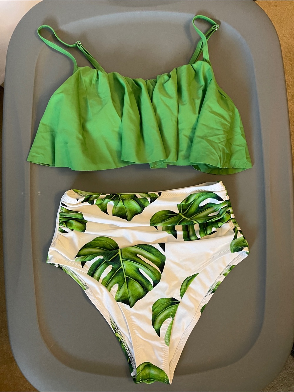 Cupshe Green Ruffle Bikini Top with White High-Waist Tropical Leaf Bottom - Picture 1 of 8